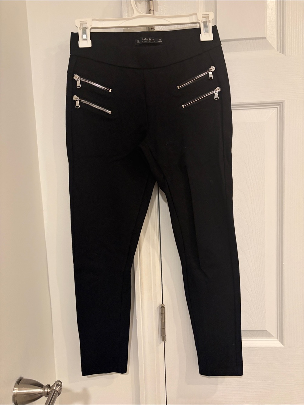Zara Black Ponte Ankle Pants with Silver Zipper Accents